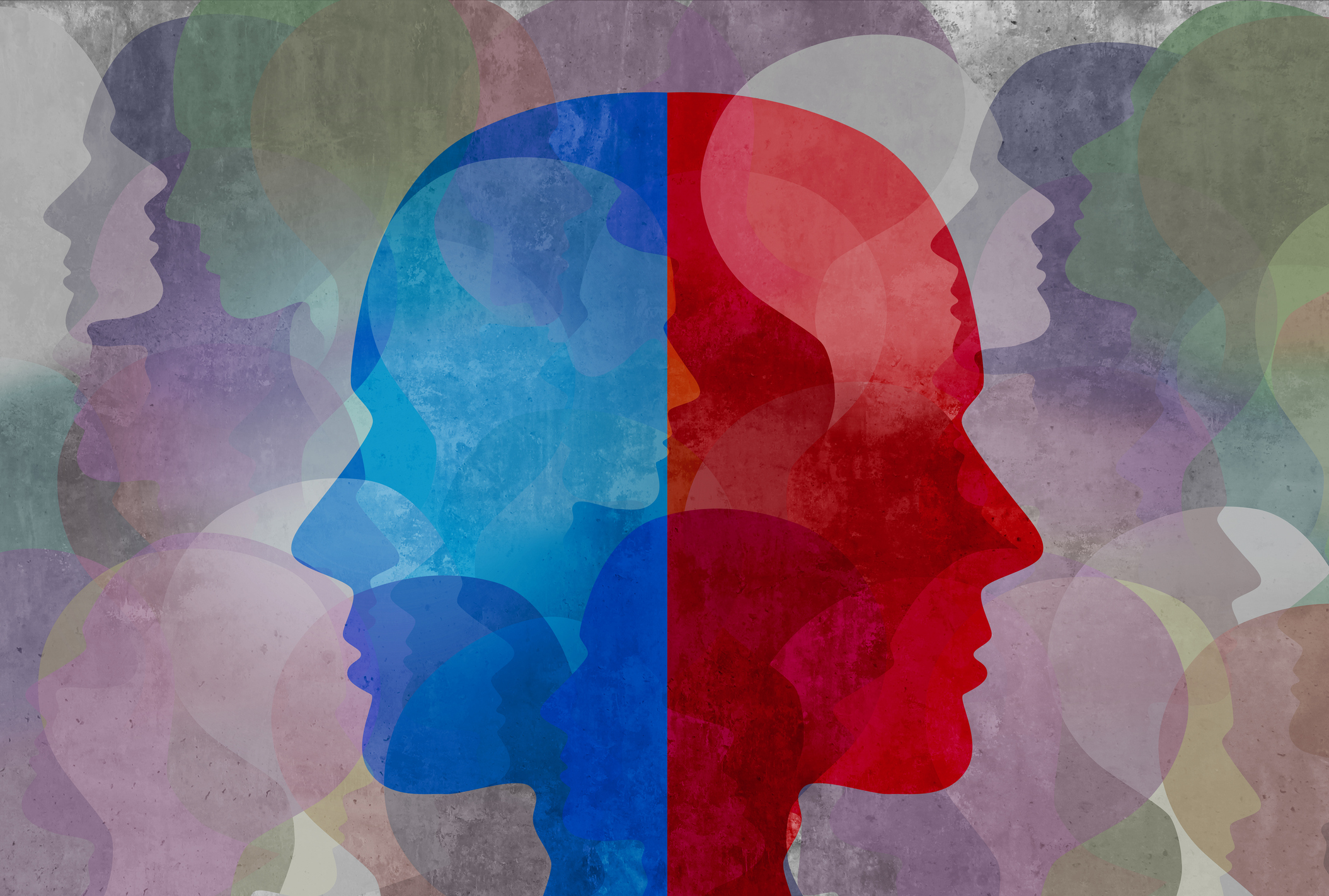 graphic of two heads facing in opposite directions with several more heads behind them